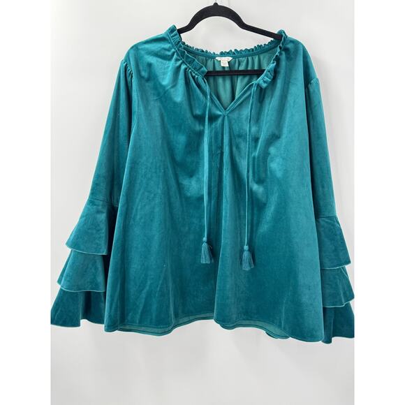 Cato Women's 22/24W Teal Velvet Ruffle Bell Sleeve V-Neck Tassel Dressy Blouse - Picture 2 of 8